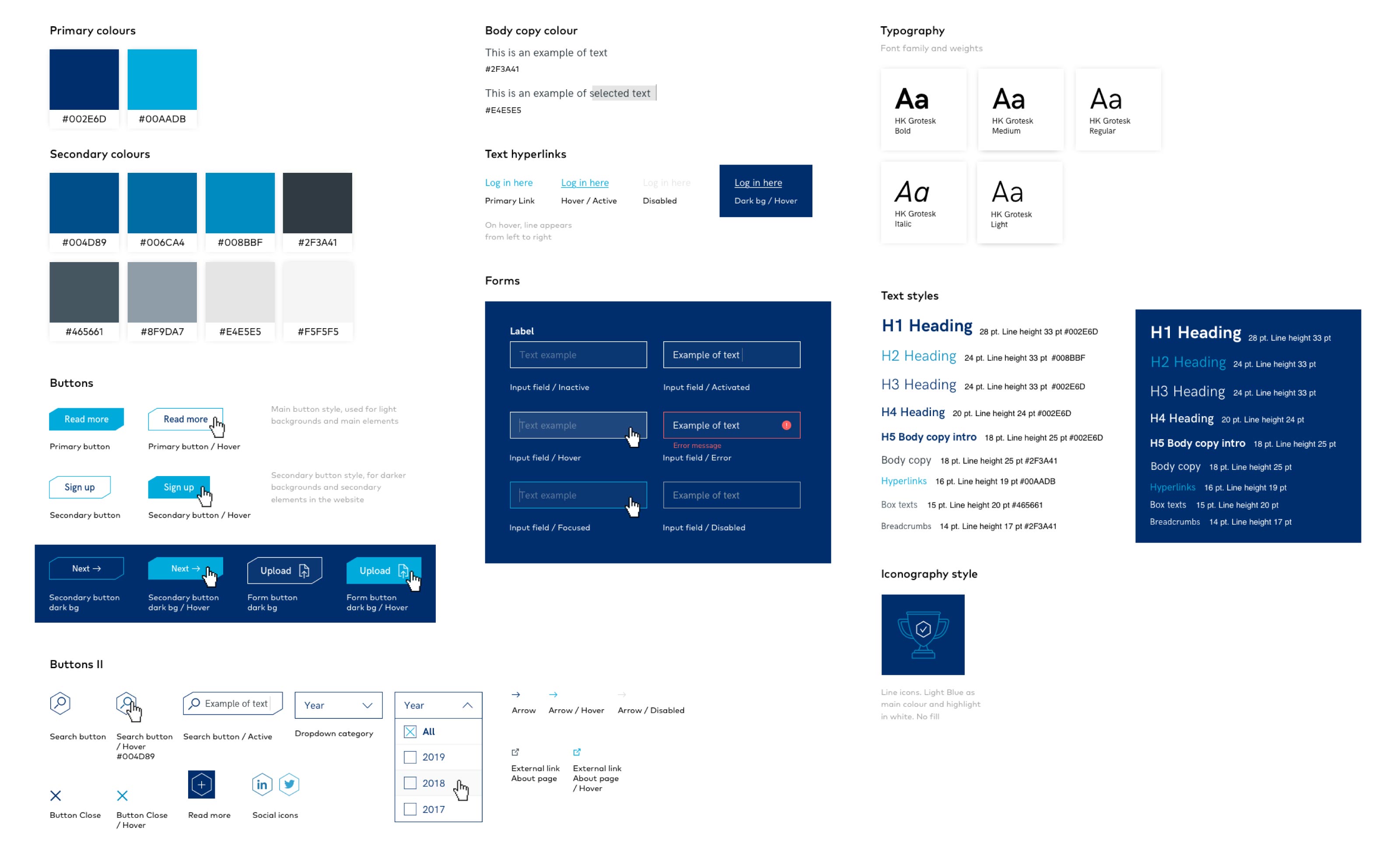 Example of style guide showing button states, colours, form design and other assets.