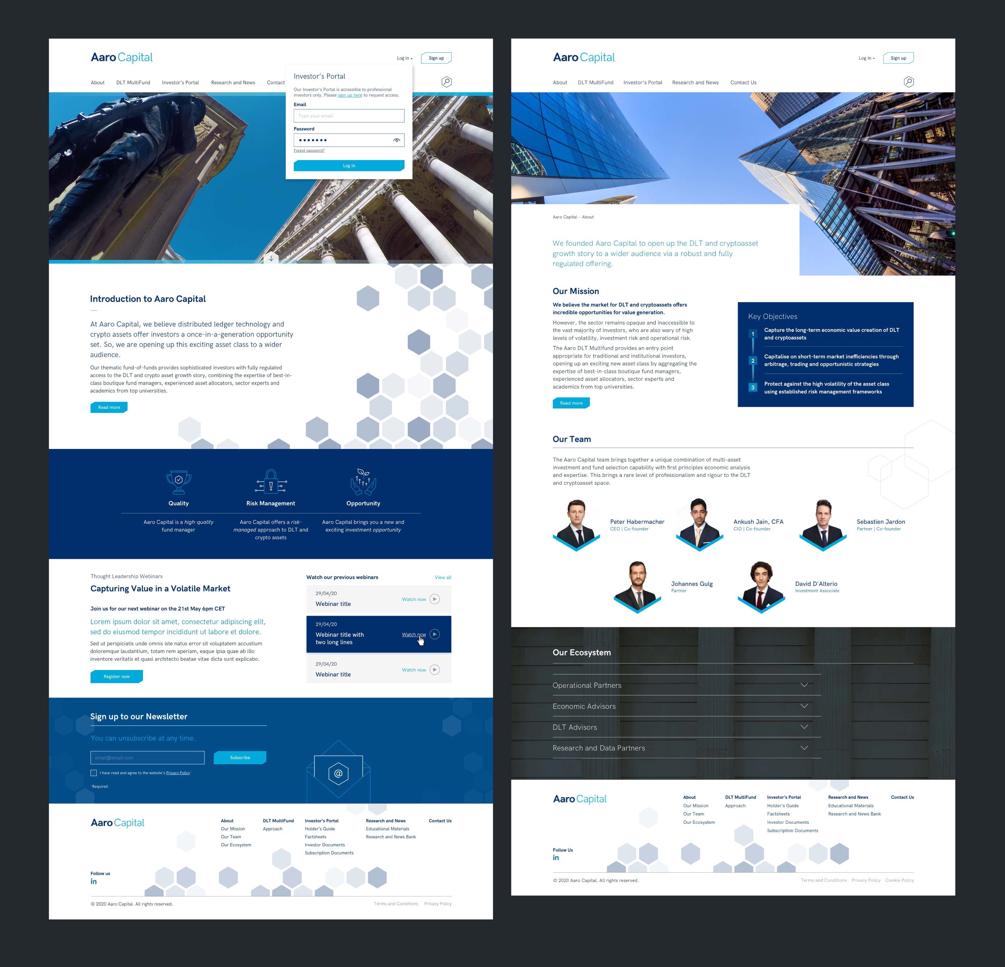 Mockups showing the full design of the Home and About website sections.