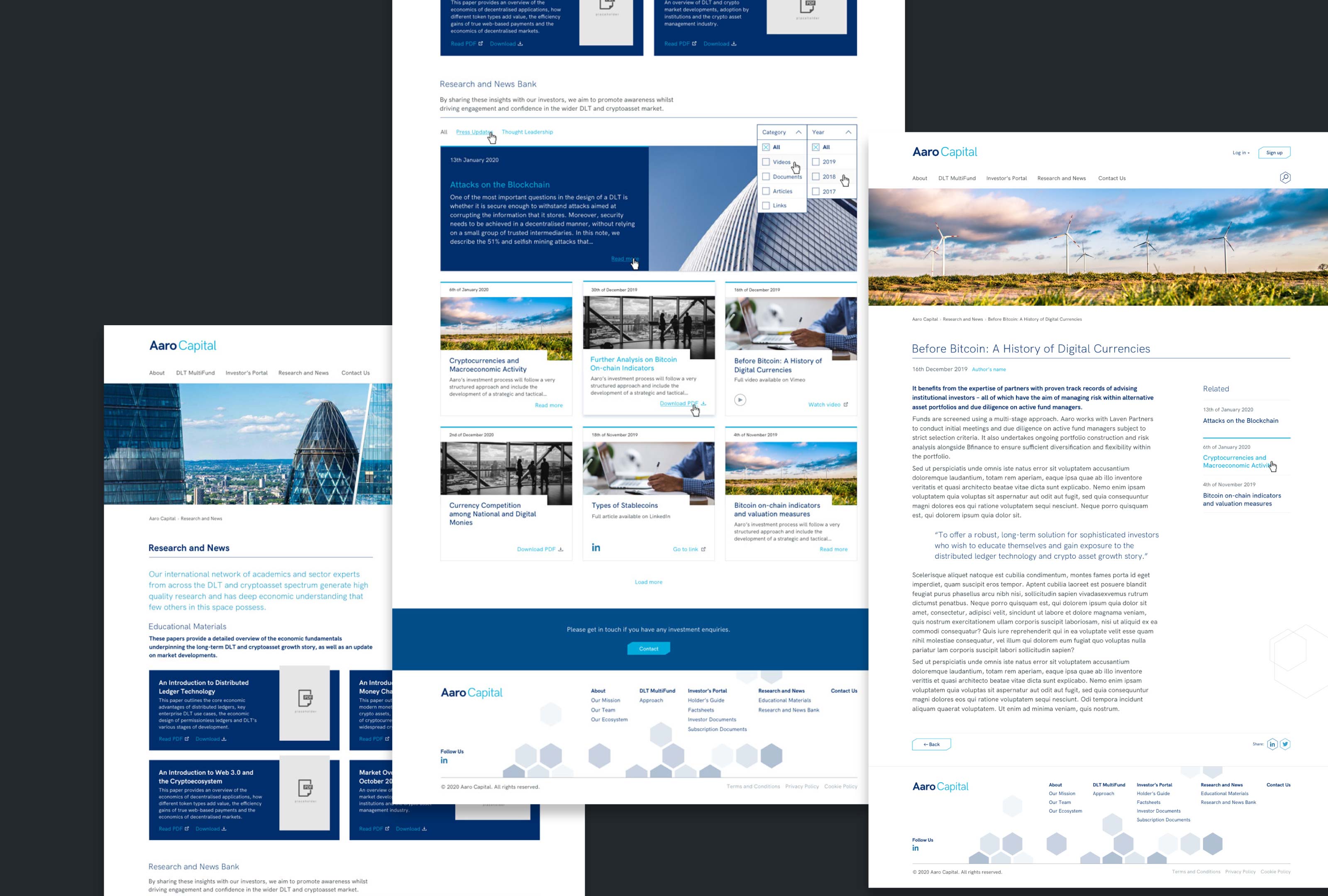 3 website sections showing the Researcha and News page and an example of individual article.