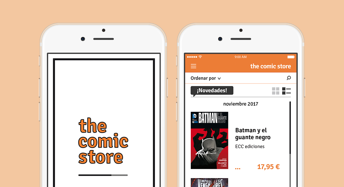 Mobile mockups showing a comic store mobile app