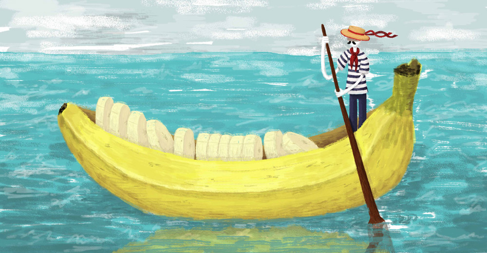 Illustration with a Gondolier insde a banana resembling a gondola
