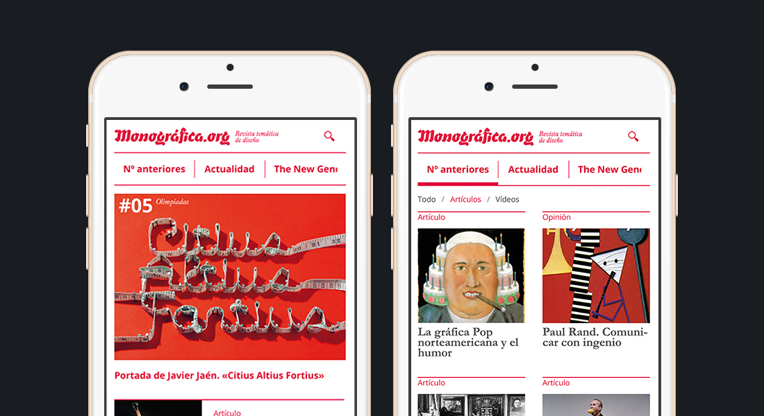 Mockup of two app screens of an online design magazine