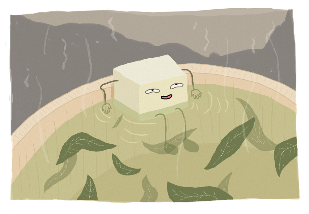 Comic illustration of a tofu character with a pleased face hot bathing in a miso soup
