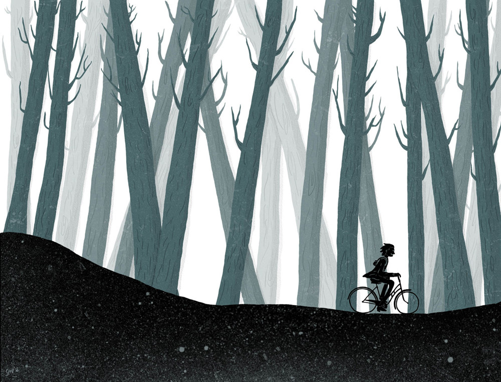 Illustration of a man riding a bike in a forest