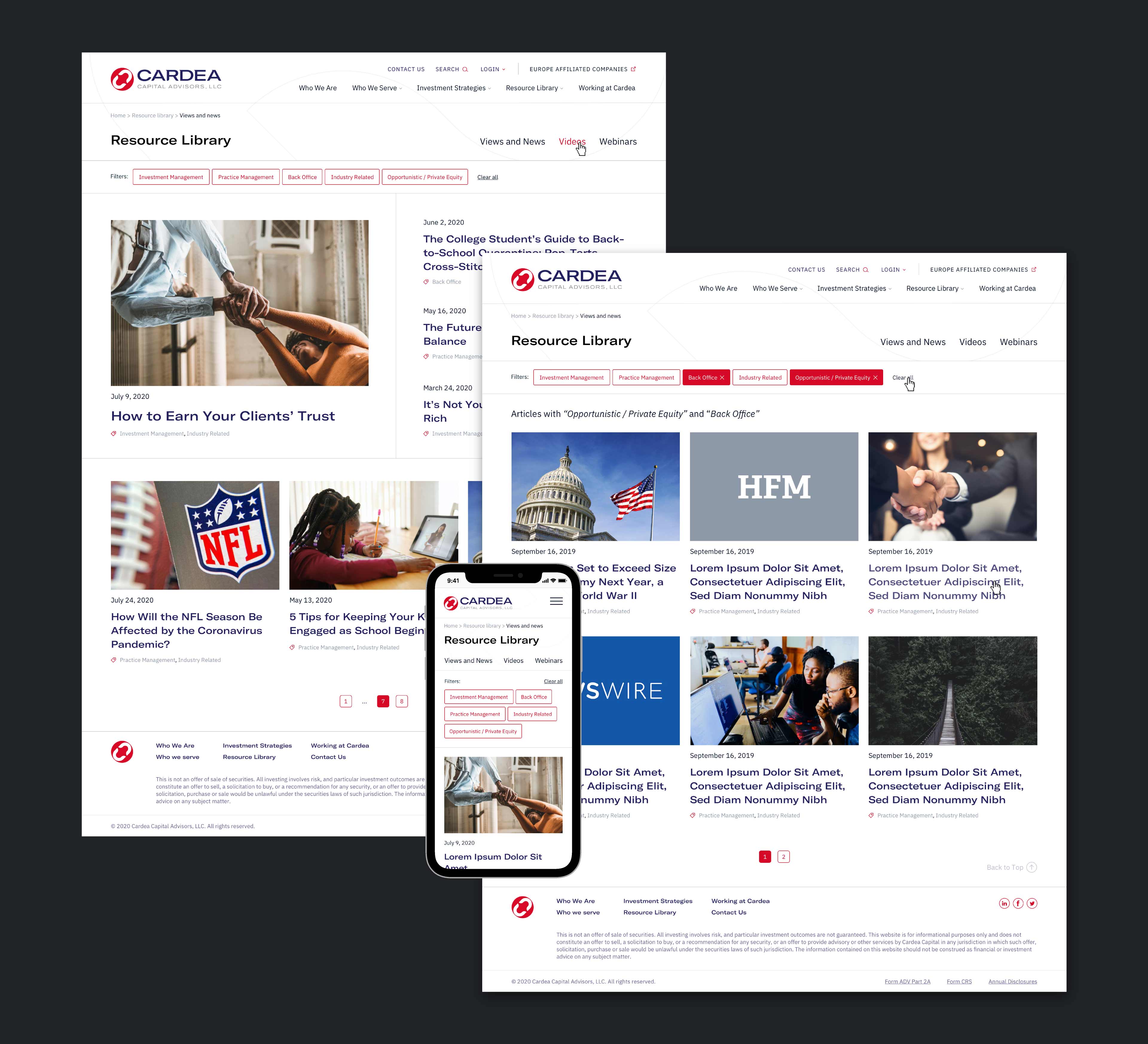 Mockups showing the Resource library for desktop, mobile design and how filters and tags work.