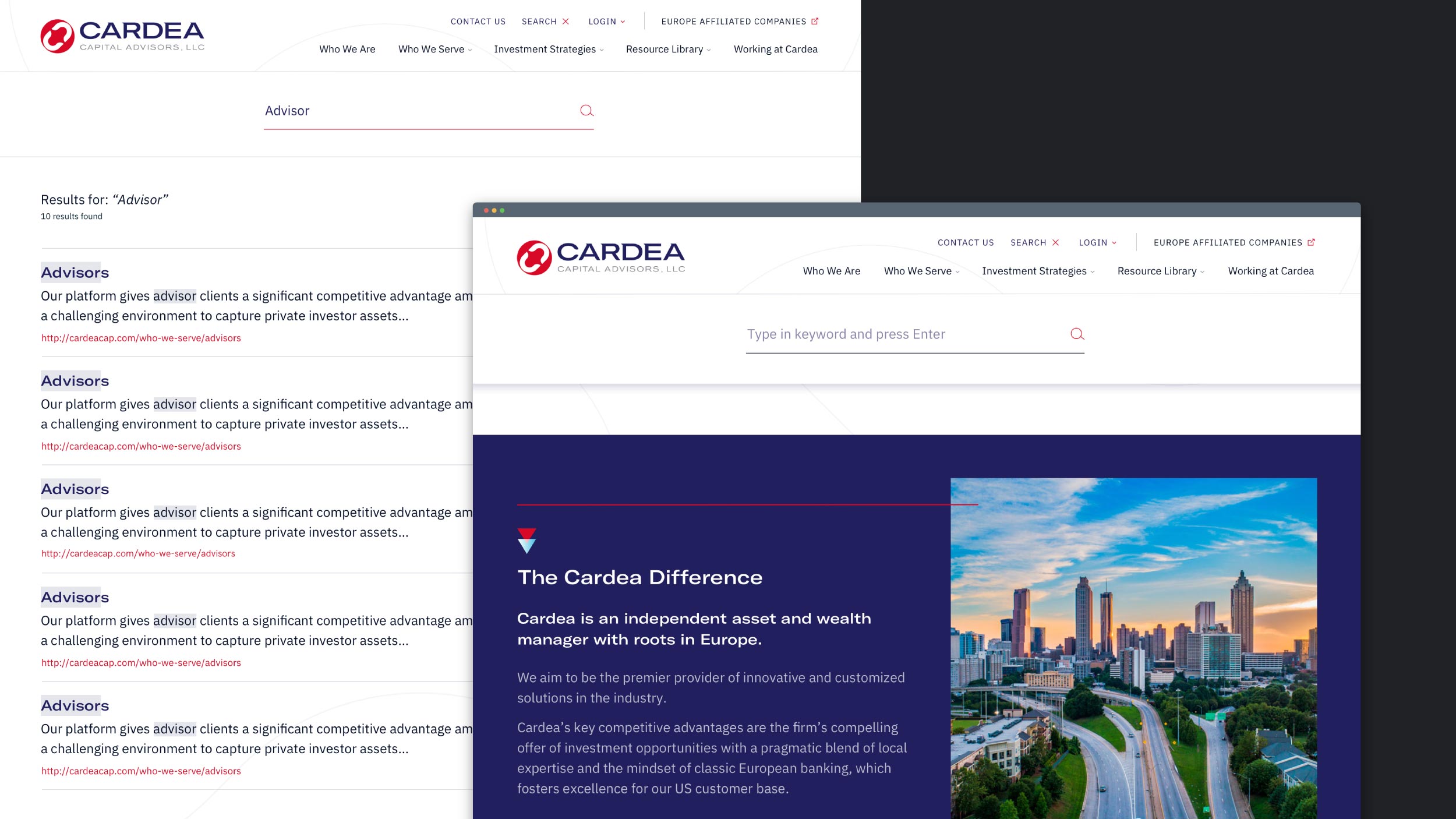 Example of the Search bar and search results screens.
