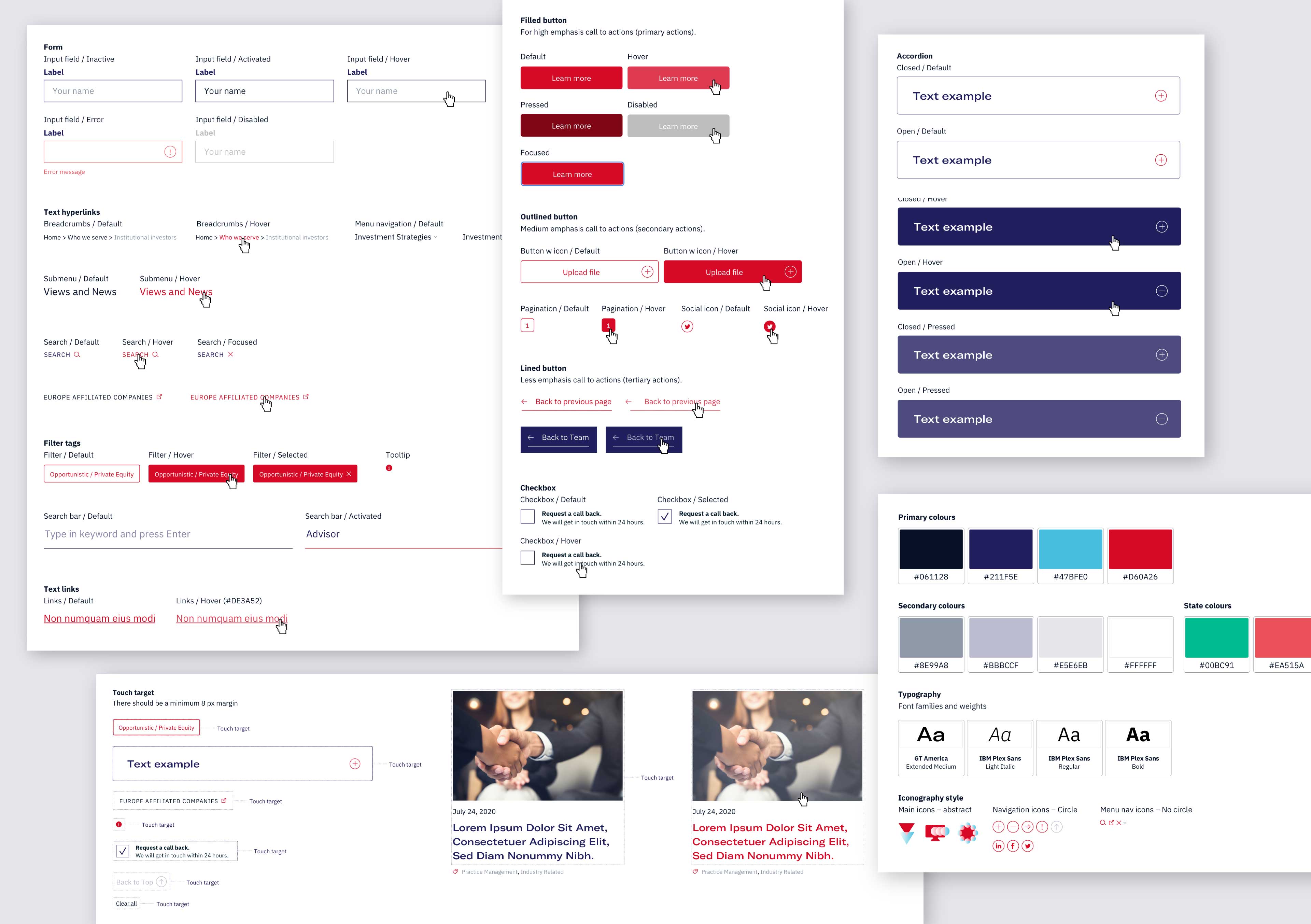 Example of style guide showing button states, colours, form design and other assets.